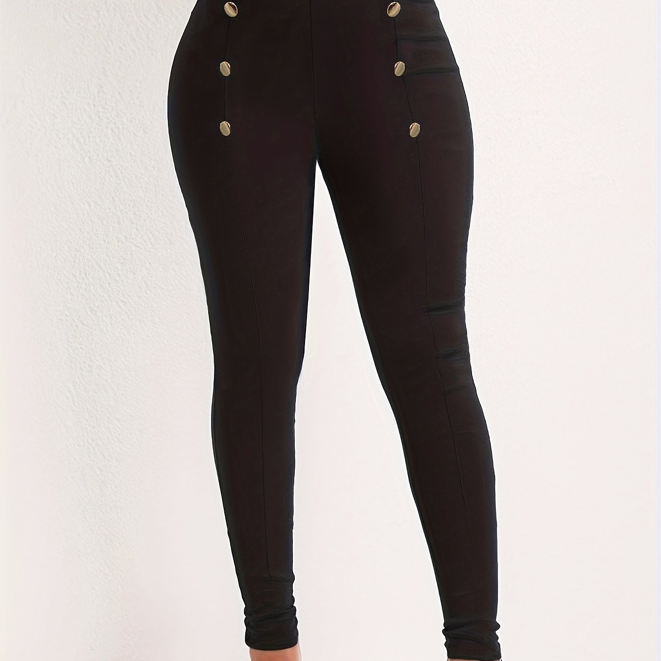 Solid Button Decor Carrot Pants Casual Slim Elastic Waist Pants