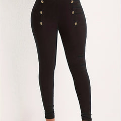 Solid Button Decor Carrot Pants Casual Slim Elastic Waist Pants
