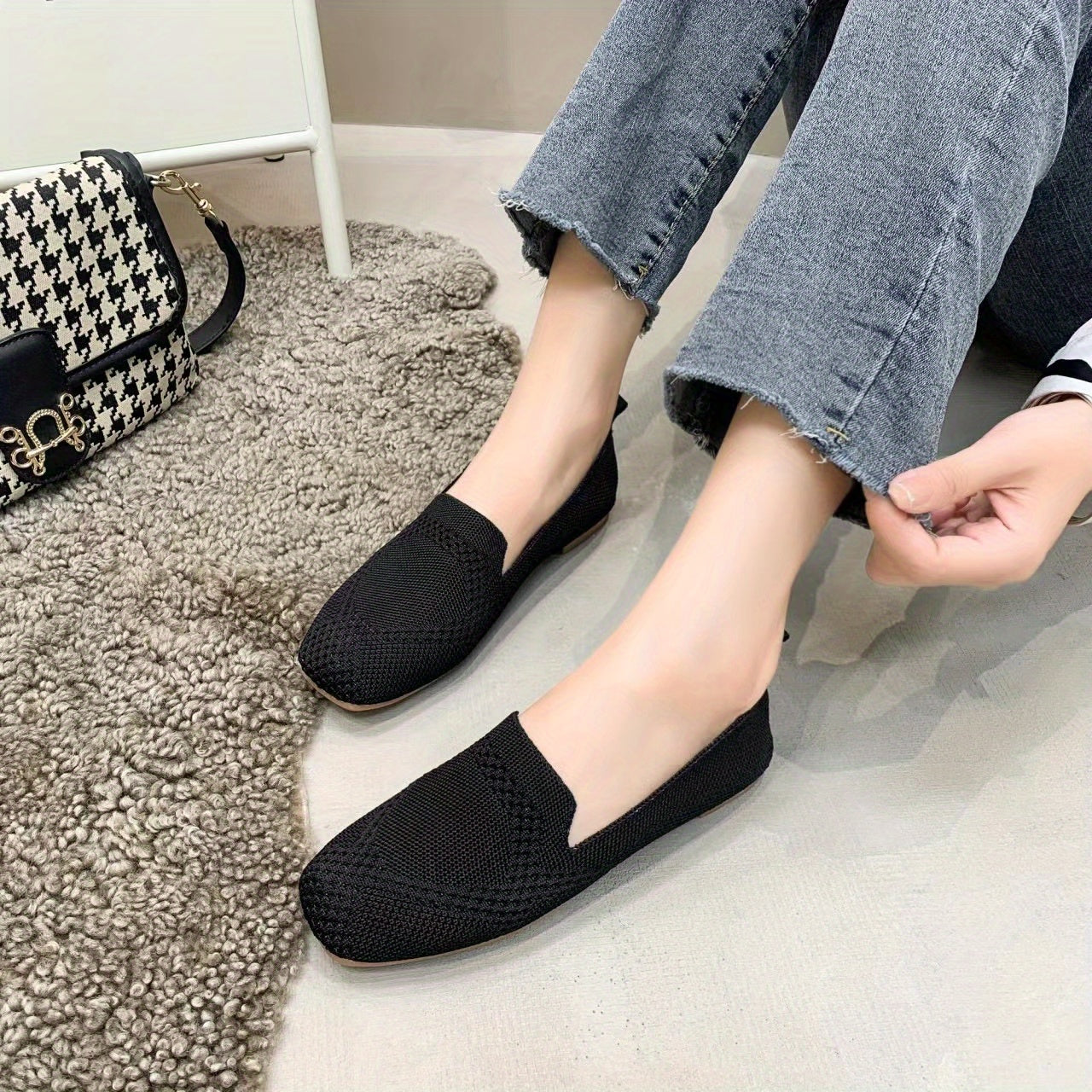Women's Knitted Square Toe Slip-On Shoes Comfy & Versatile Flats