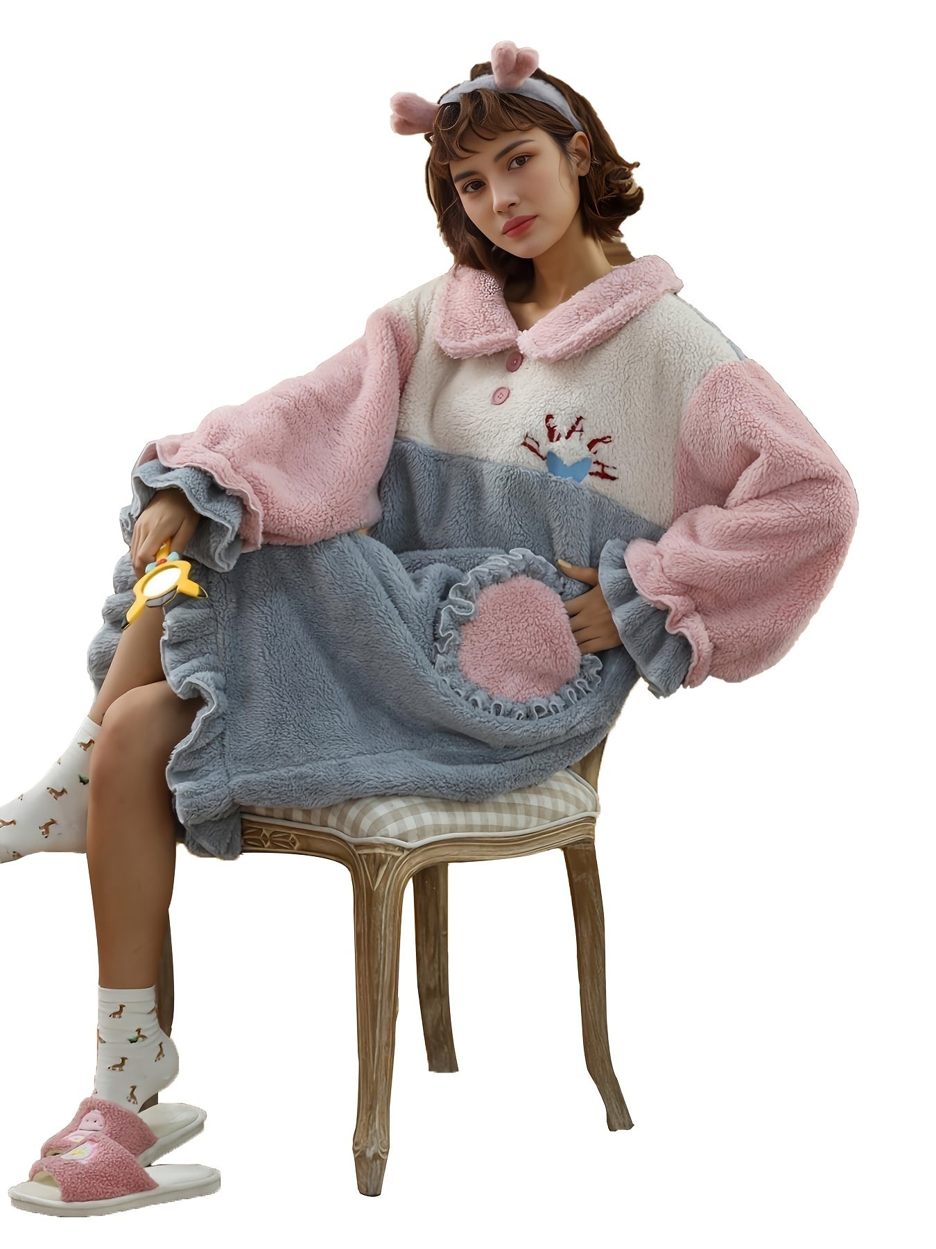 Thermal Colorblock Teddy Warm Pajamas Dress Women's Loungewear
