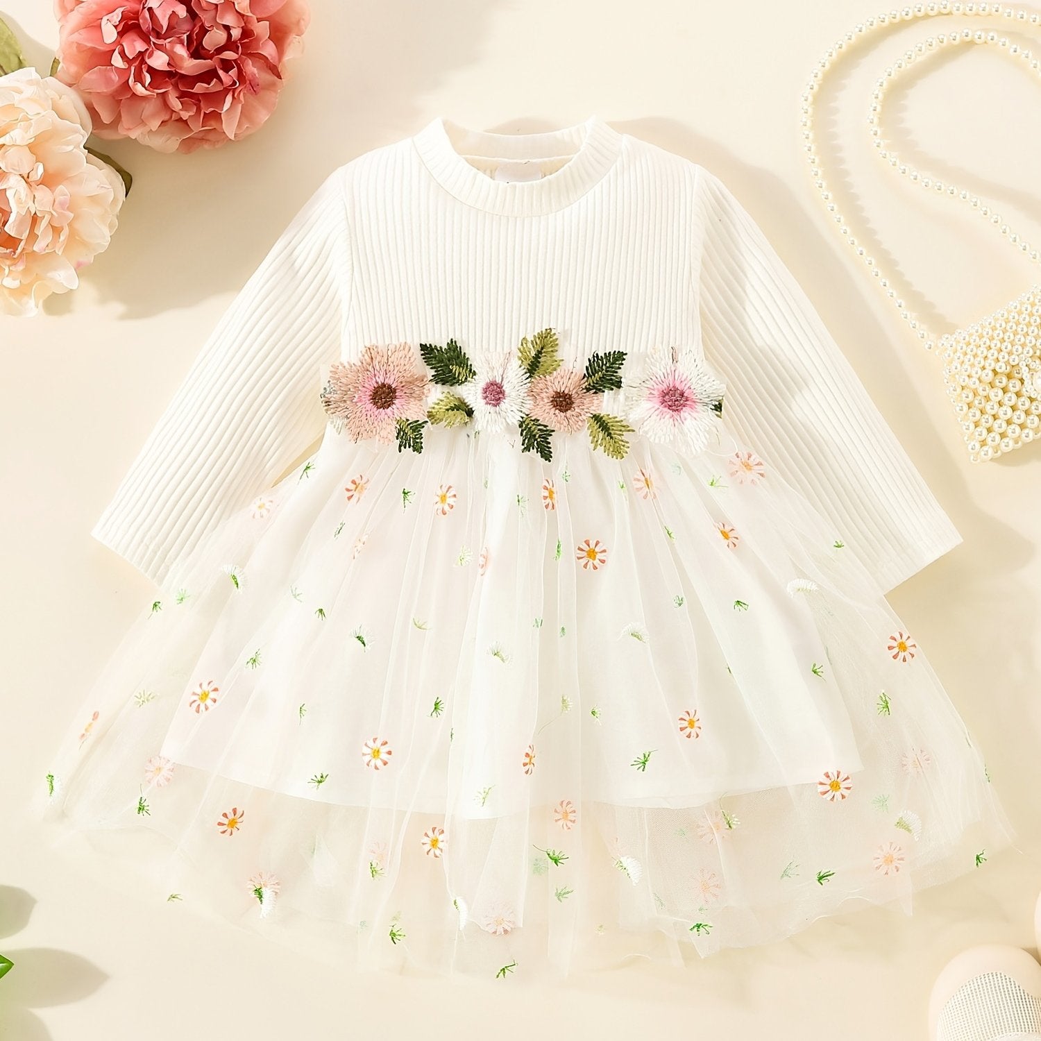 Infant Baby Girls Long Sleeves Flower Embroidery Tulle Dress