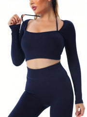 Women's Ribbed Yoga Set Long Sleeve Halter Top & Leggings for Workout