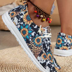 Women's Sunflower Pattern Boat Shoes Lace up Walking Shoes