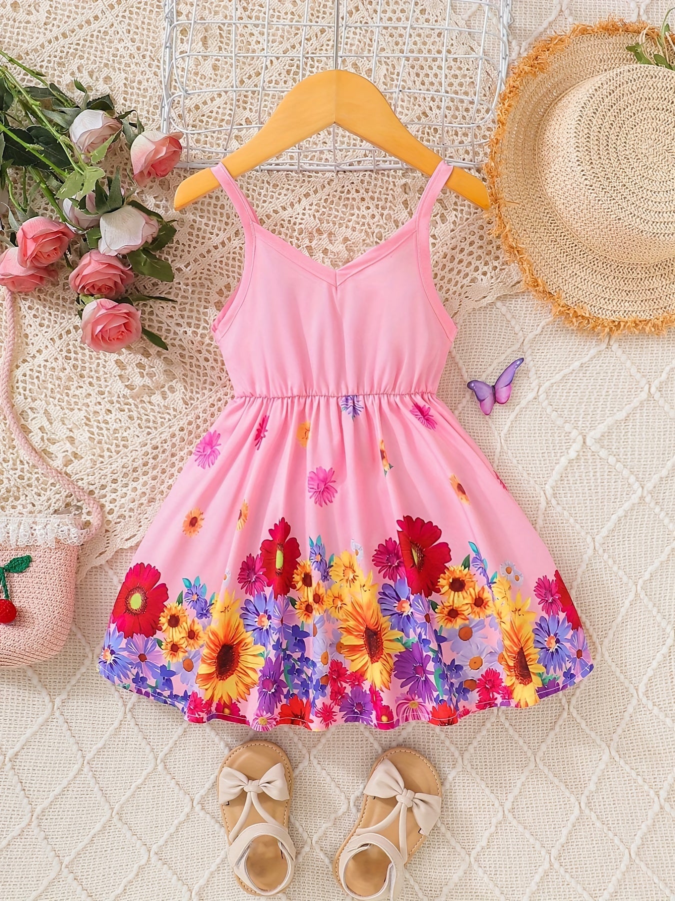 Flower Print Pleated Cami Dress for Girls