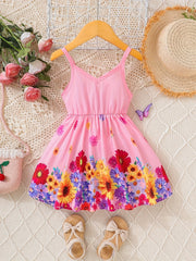 Flower Print Pleated Cami Dress for Girls