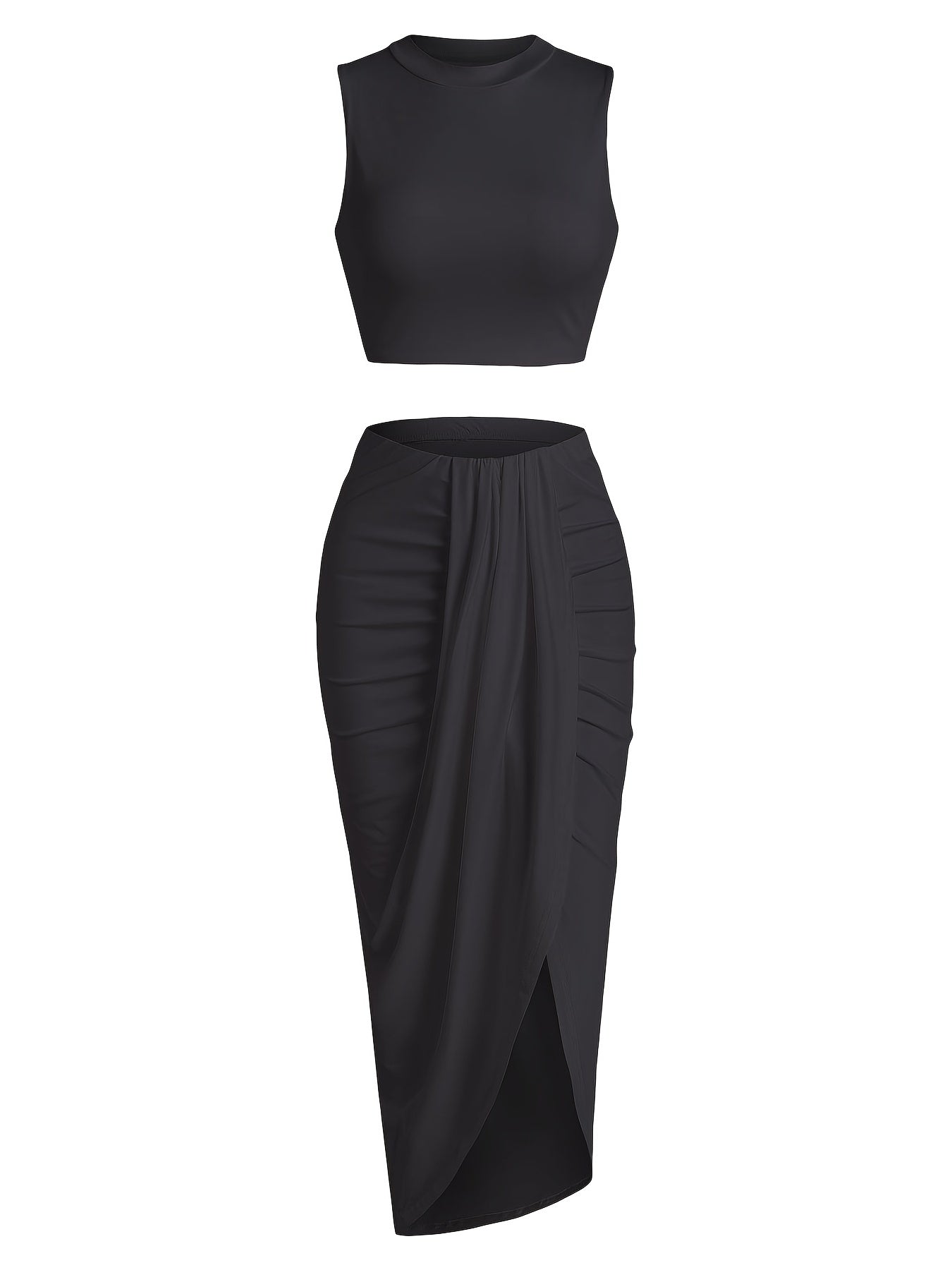 Crop Tank Top & Ruched Split Front Skirt Set Women's Outfit