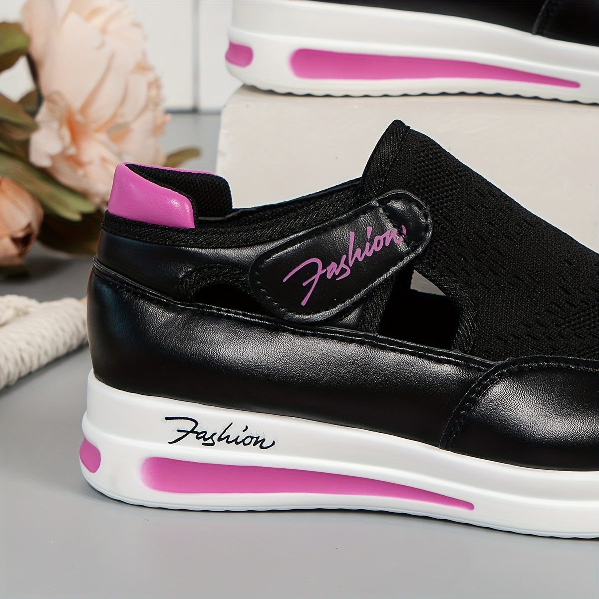 Women's Knit Platform Sneakers Hook & Loop Shoes Cutout Comfortable Outdoor