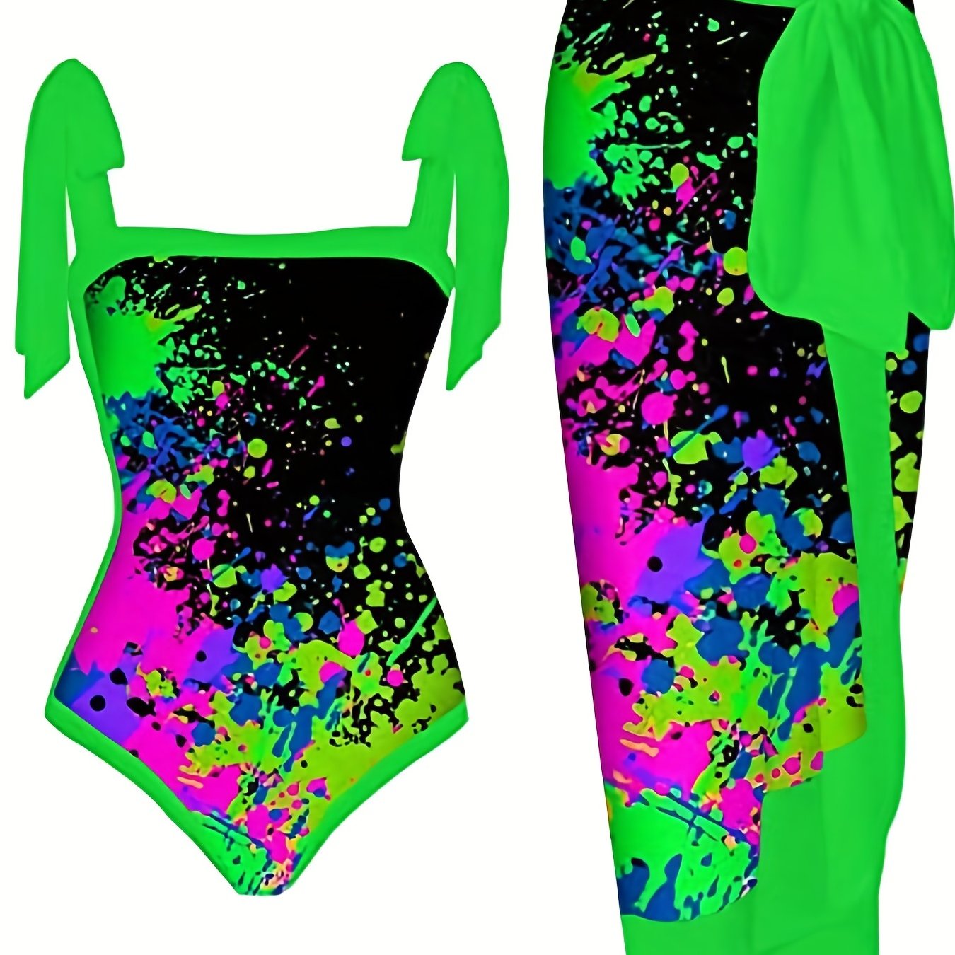 Green Graffiti Print Tie Shoulder One Piece Swimsuit Set