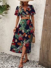 Tropical Print V Neck Flutter Sleeve Two Piece Set