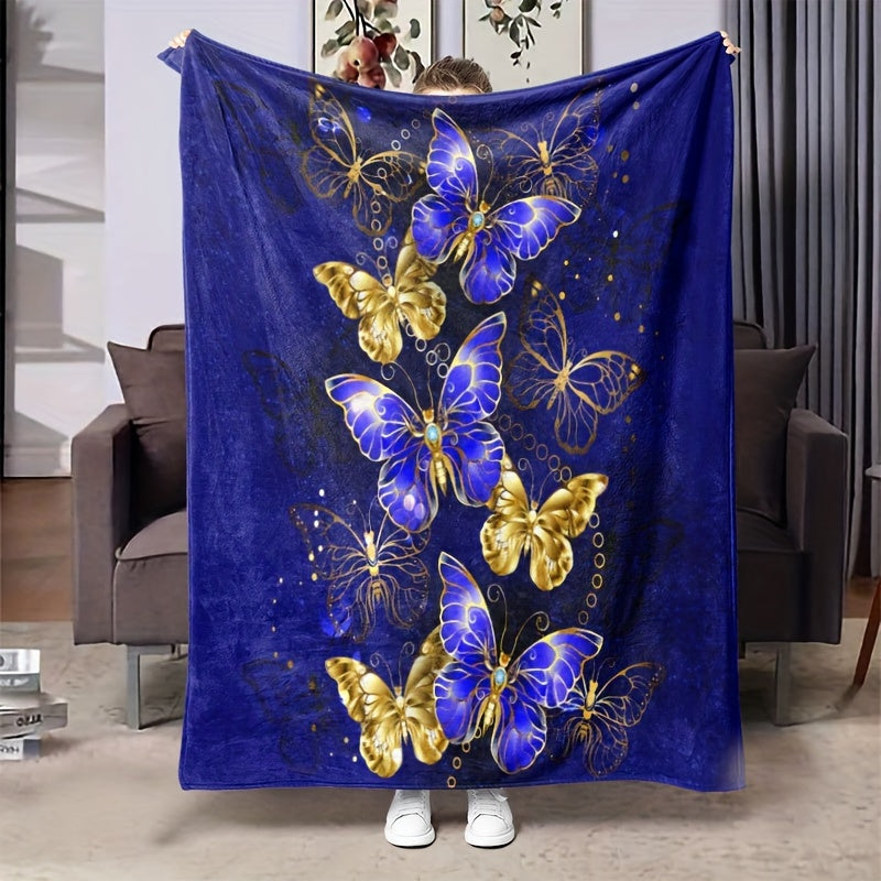 Flannel Purple Butterfly Printed Blanket Soft & Warm for Sofa Bed Office Travel
