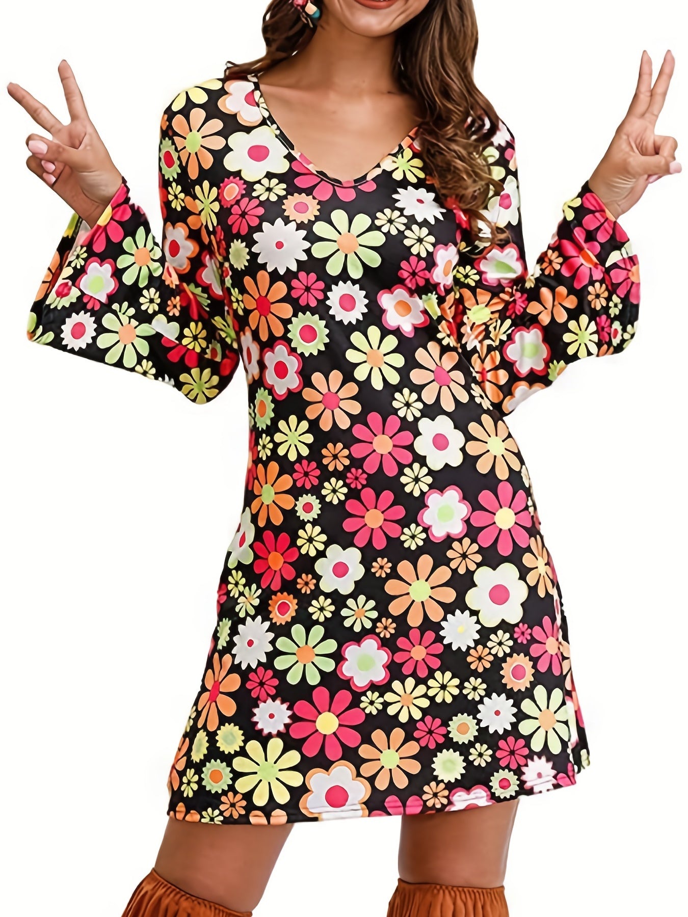 Floral Print Flared Sleeve Dress Hippie V neck Dress For Spring & Summer