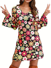 Floral Print Flared Sleeve Dress Hippie V neck Dress For Spring & Summer
