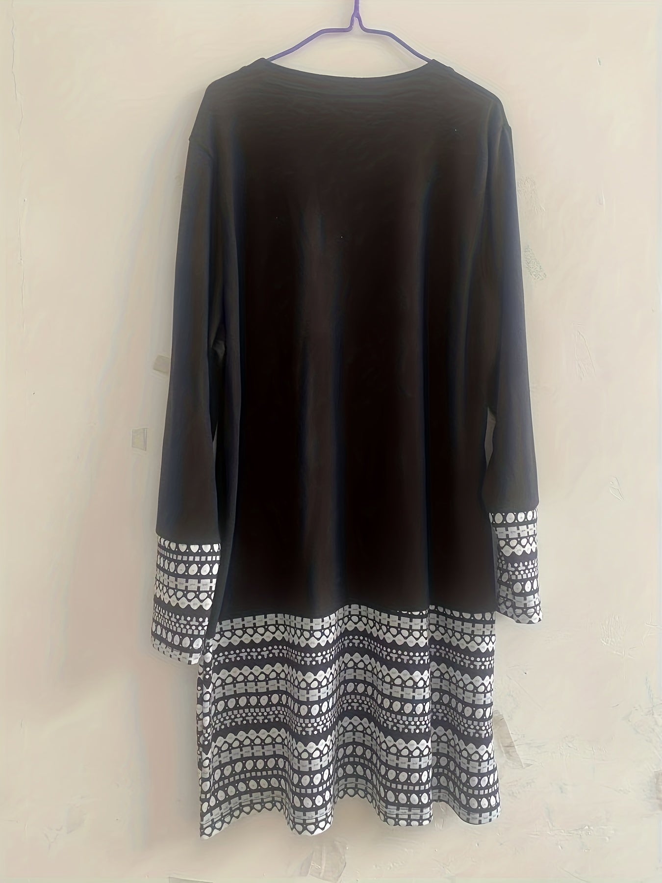 Colorblock Geo Print Long Sleeve Round Neck Dress