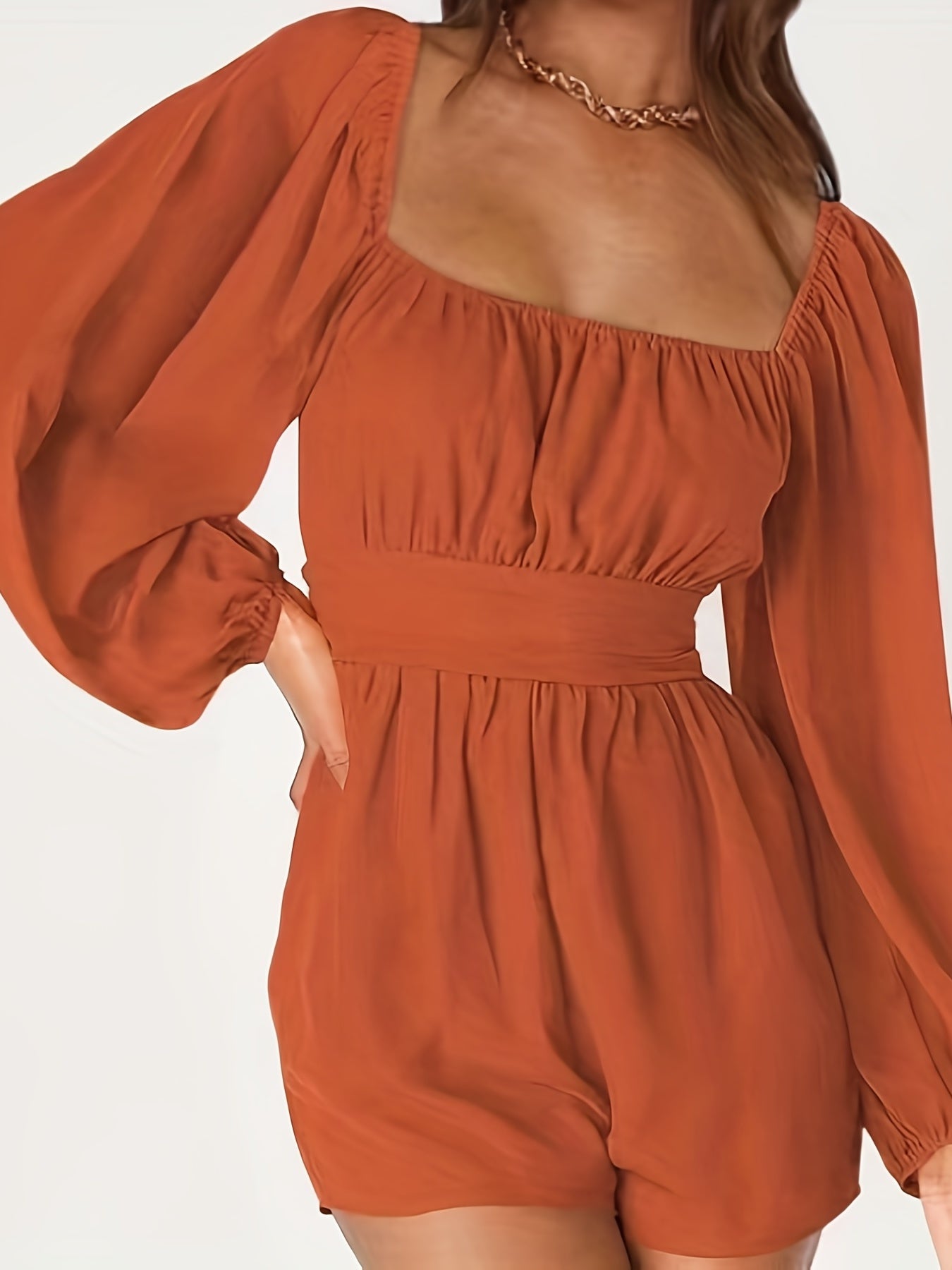 Solid Square Romper Jumpsuit Long Sleeve