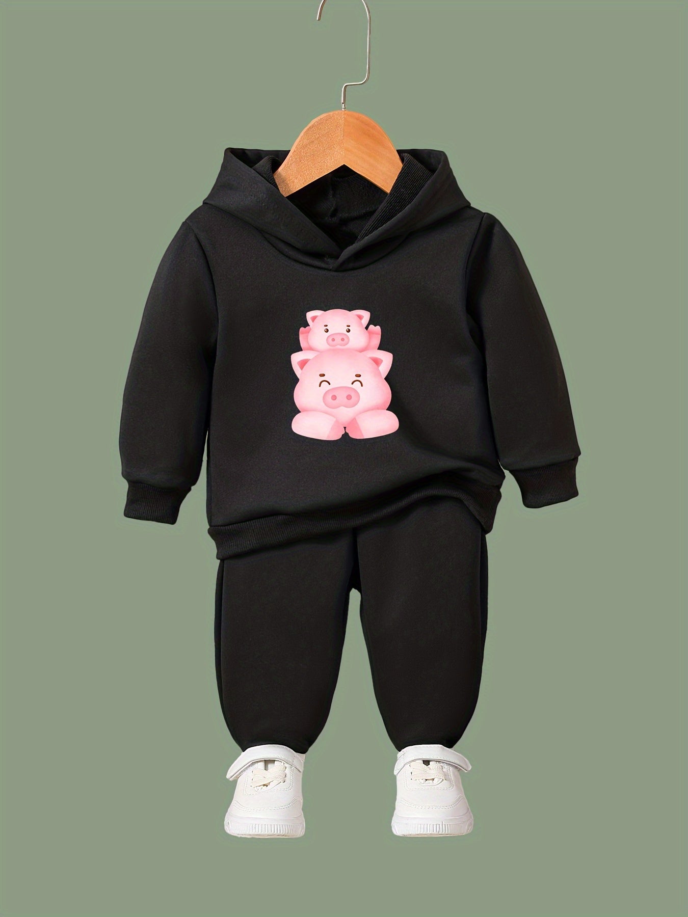 Kids 2pcs Piggy Family Print Hooded Pullover Pants Set For Spring Fall
