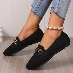 Women's Knitted Flat Loafers with Chain Decor Soft Sole Slip On Shoes