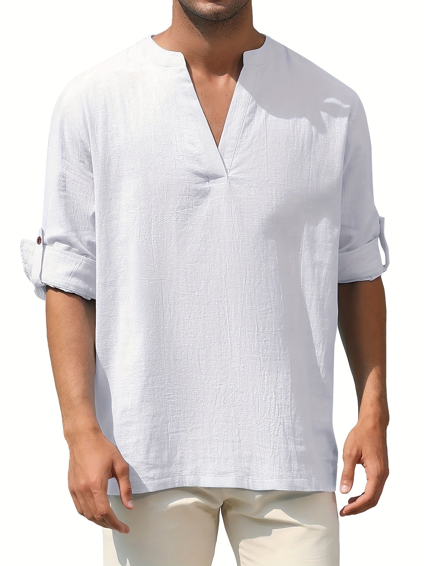 Men's Solid Long Sleeve V-Neck Shirt for Spring/Fall