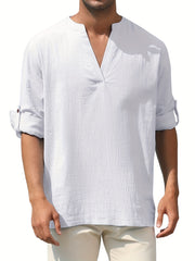 Men's Solid Long Sleeve V-Neck Shirt for Spring/Fall