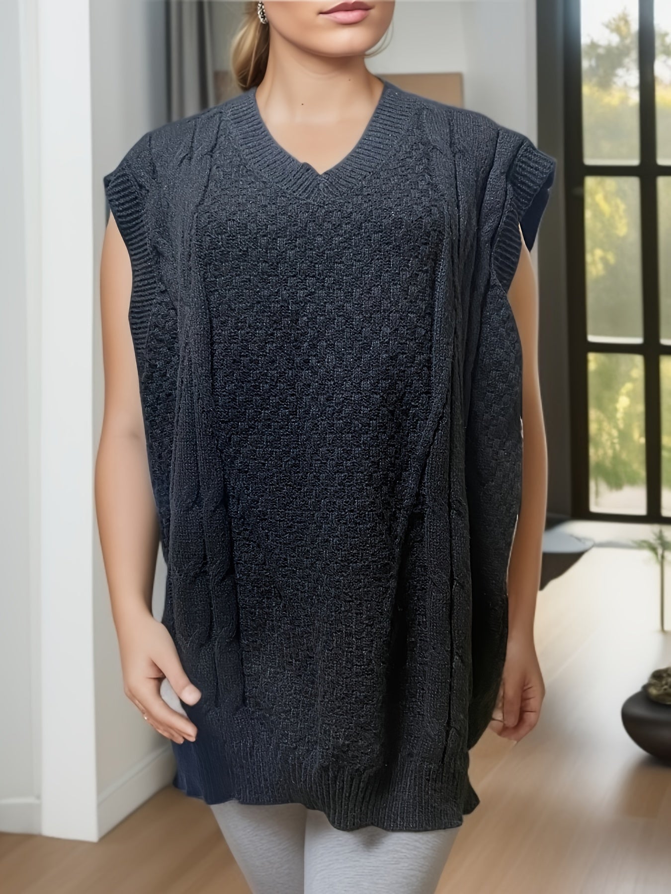 Casual Sweater Vest Women's Plus Knitted V Neck Medium Stretch