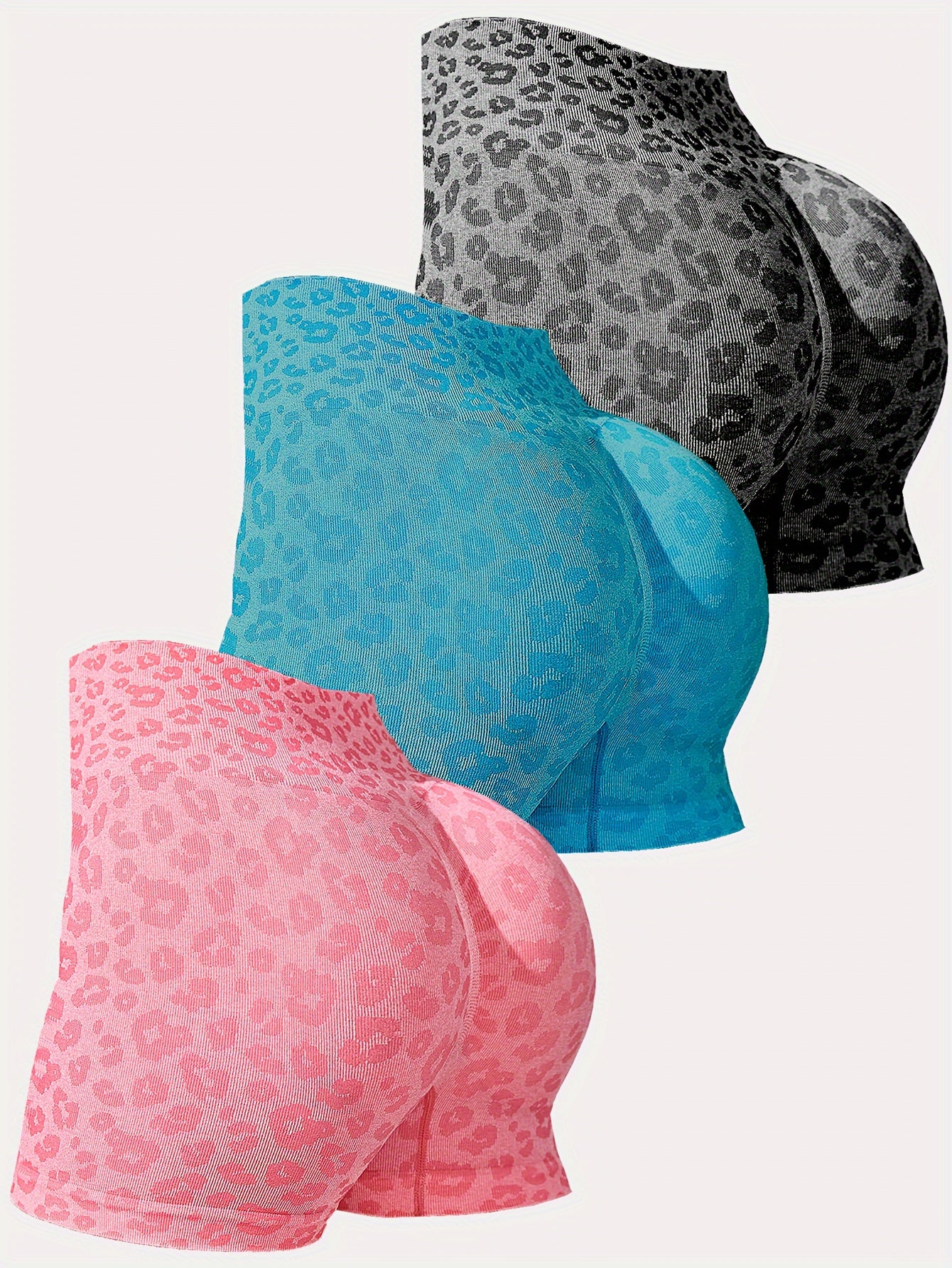 3pcs Leopard Print Hip Lifting Yoga Shorts High Waist Workout Activewear