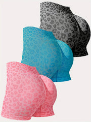 3pcs Leopard Print Hip Lifting Yoga Shorts High Waist Workout Activewear