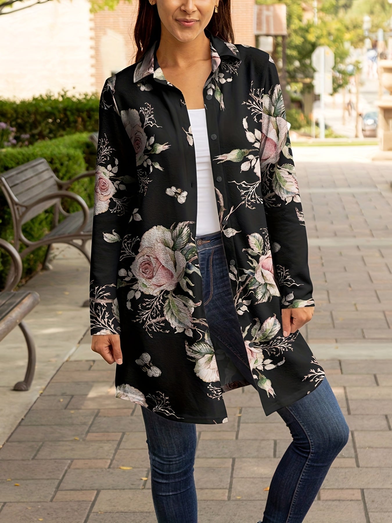 Floral Print Button Up Long Sleeve Tunic Shirt