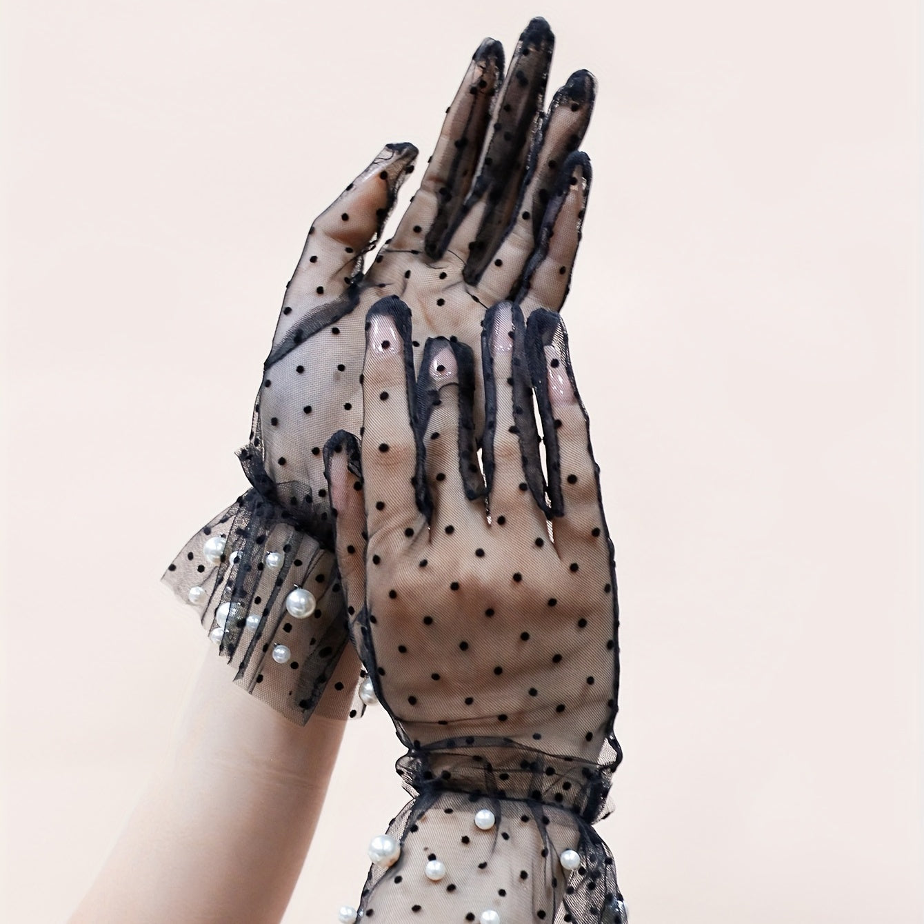 Faux Pearl Decor Mesh Short Gloves For Wedding Bridal