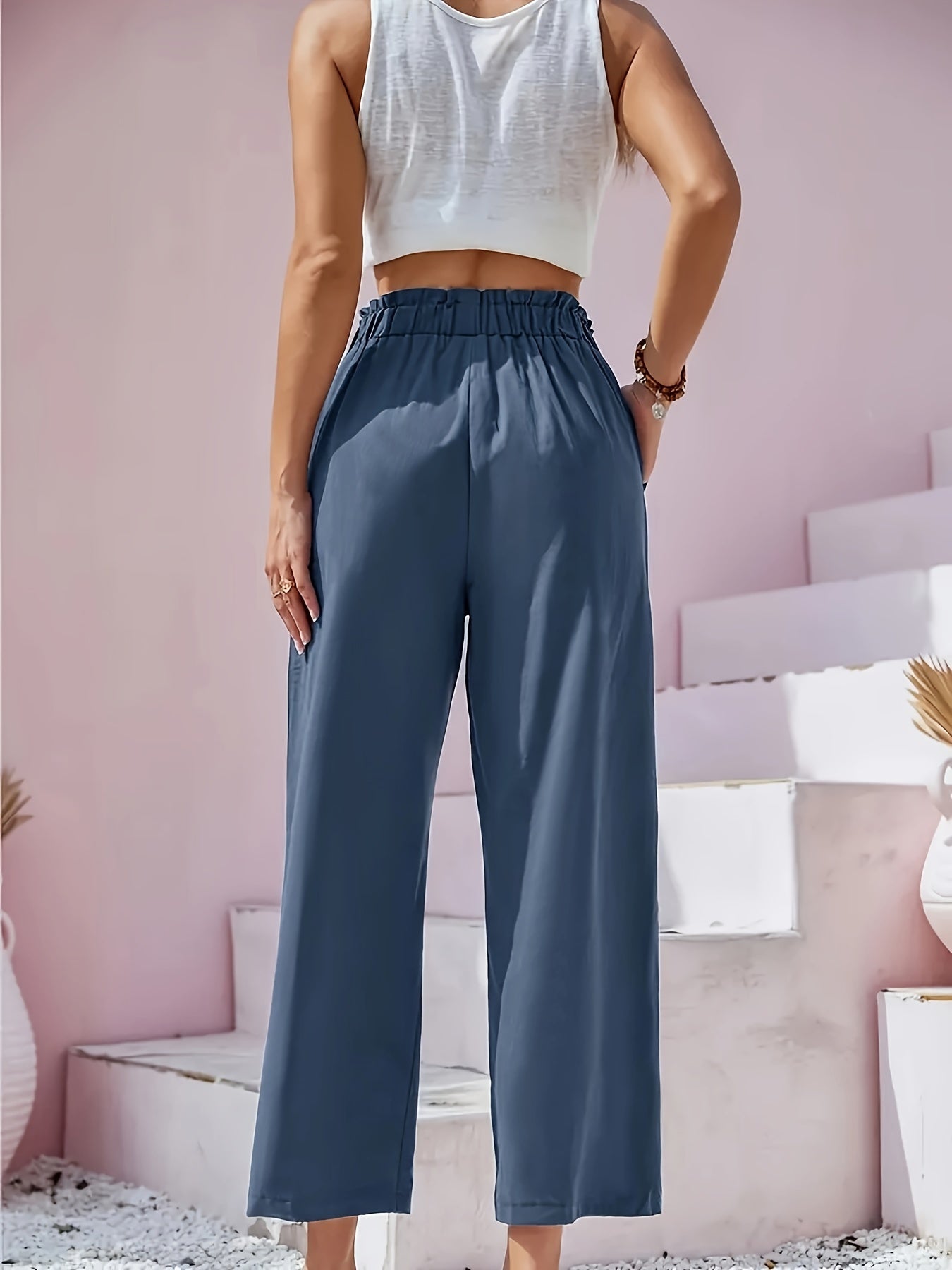 Wide Leg Trousers with Pockets - Elastic High Rise