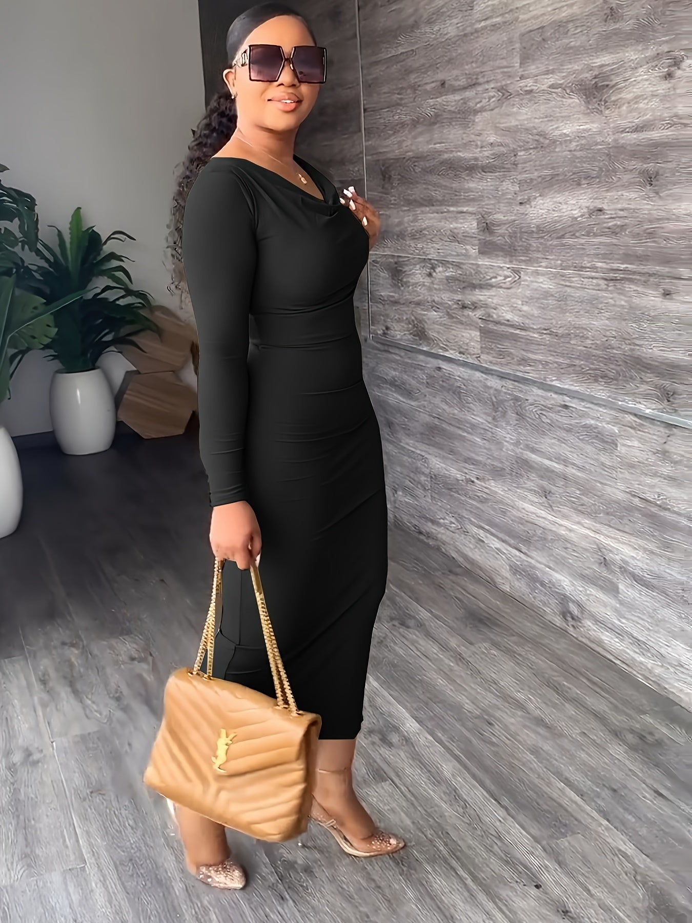Solid Long Sleeve Cowl Neck Dress