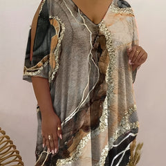 Casual Blouse Women's Plus Chain & Marble Print V Neck