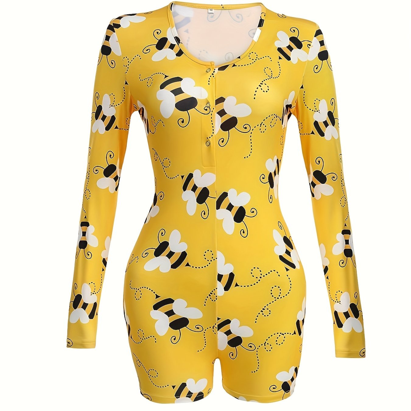 Bee Print Lounge Romper Long Sleeve V Neck Buttons Romper Women's Loungewear