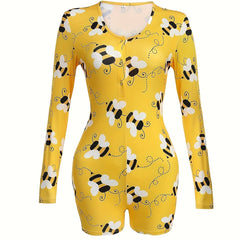 Bee Print Lounge Romper Long Sleeve V Neck Buttons Romper Women's Loungewear