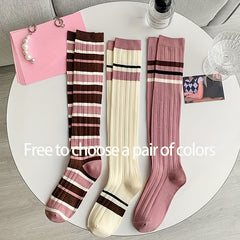3 Pairs Colorblock Striped Calf Socks College Style Knee High Socks Women's