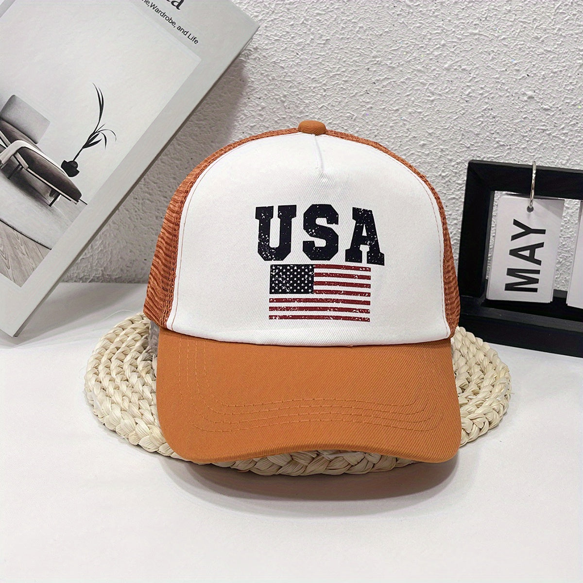 Flag Print Trucker Hat Mesh Breathable Unisex Sunshade Baseball Cap Adjustable