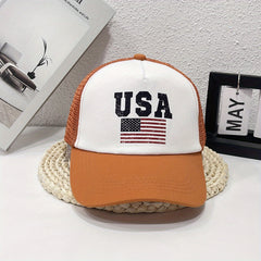 Flag Print Trucker Hat Mesh Breathable Unisex Sunshade Baseball Cap Adjustable