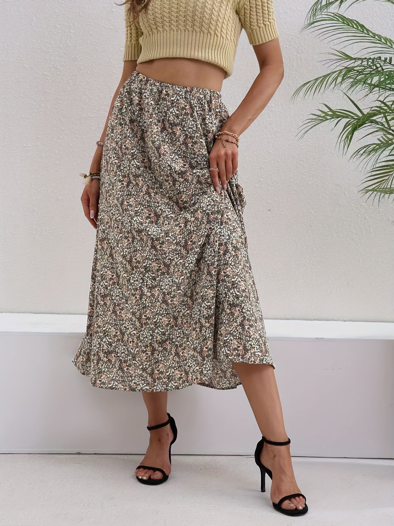 Floral Print High Waist Skirt Boho Loose Skirt For Spring & Summer