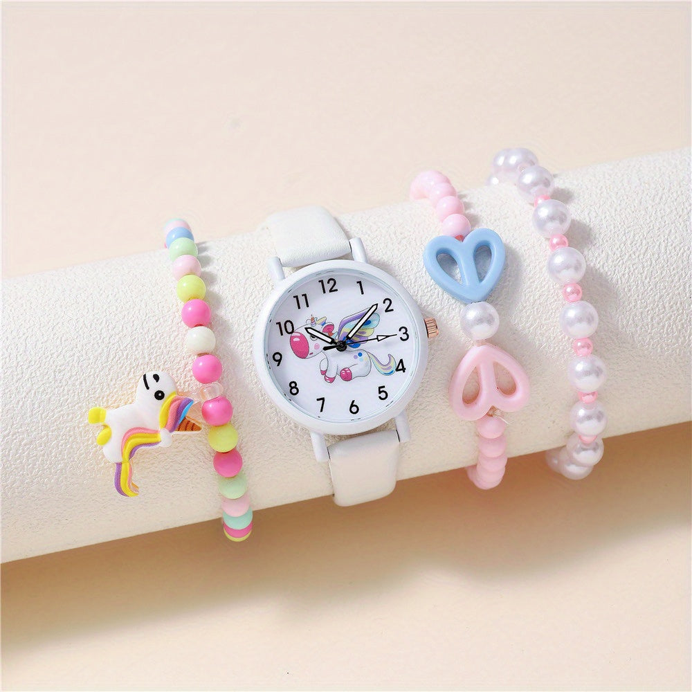 Unicorn Pattern Belt Watch & 3 Bracelets Set