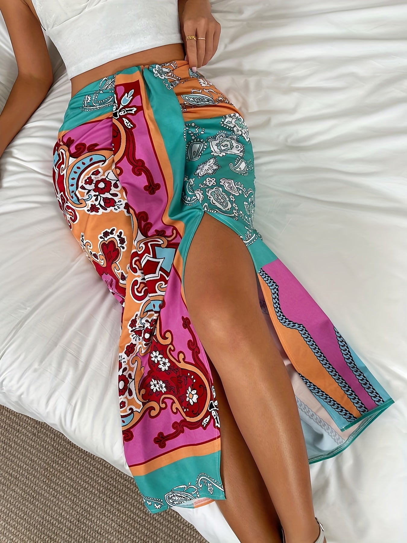 Ethnic Floral Print Split Skirts Ruched High Waist Summer Skirts
