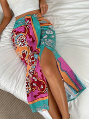 Ethnic Floral Print Split Skirts Ruched High Waist Summer Skirts