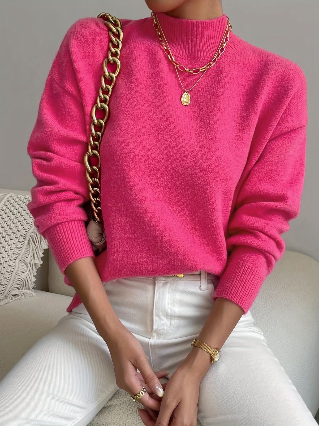 Solid Mock Neck Knit Sweater Drop Shoulder Long Sleeve Women's Clothing