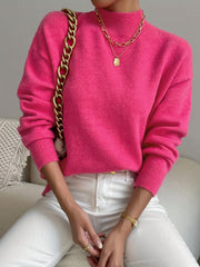 Solid Mock Neck Knit Sweater Drop Shoulder Long Sleeve Women's Clothing