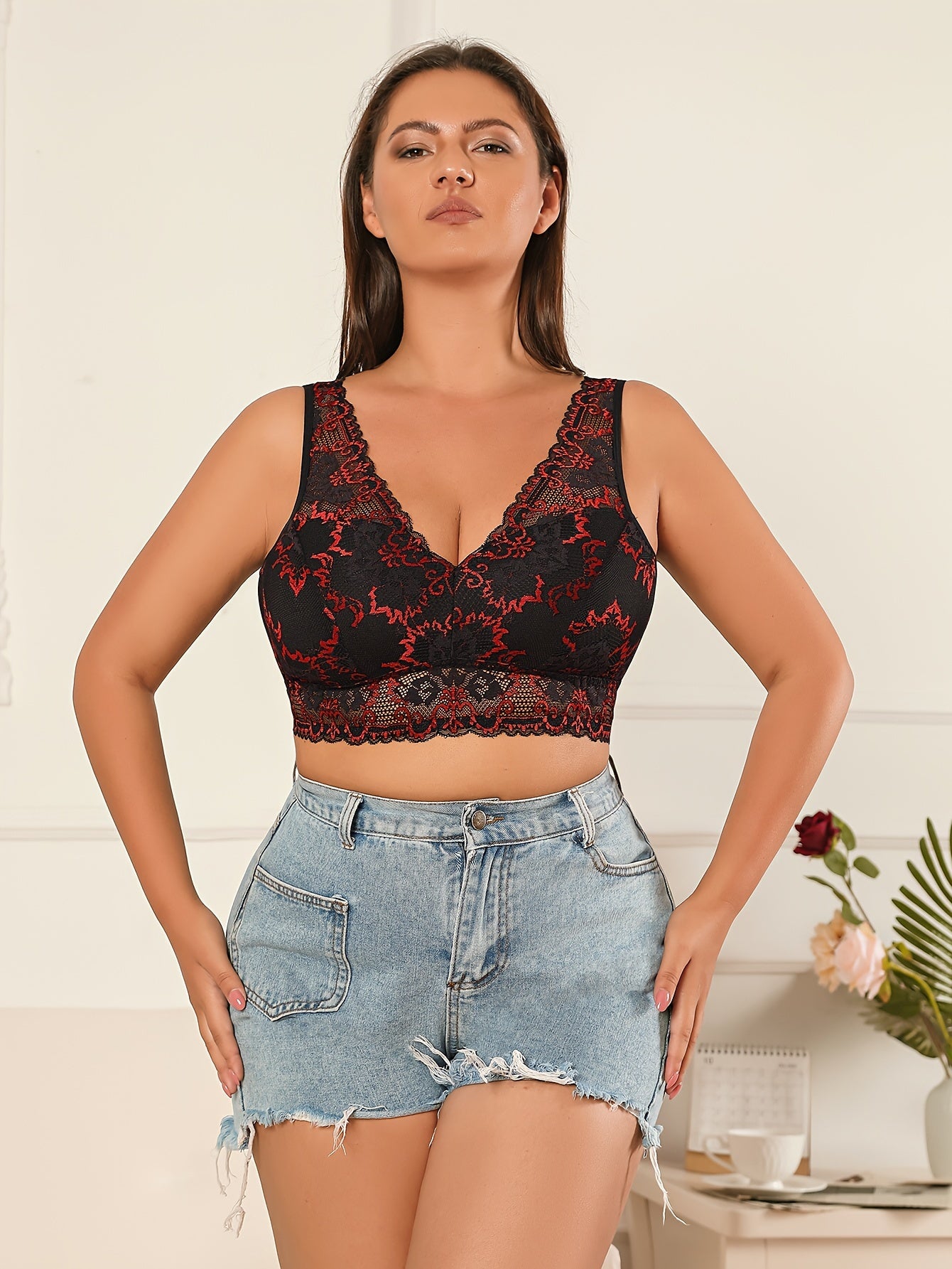 Floral Lace Plus Size Bra Wide Straps Full Cover Bralette