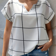 Plaid Print Batwing Sleeve Notched Neck Shirt Top