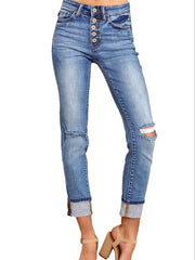 Slim Fit Skinny Jeans Ripped Distressed Button Denim Pants Women's Denim Jeans