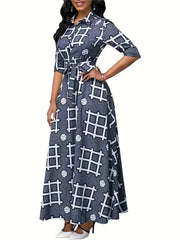 Geometric Print Button Up Maxi Shirt Dress
