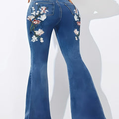 Floral Print Button Fly Flared Leg Jeans