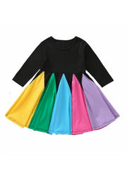 Girls Long Sleeve Round Neck Block Rainbow Princess Dress Kids Clothes