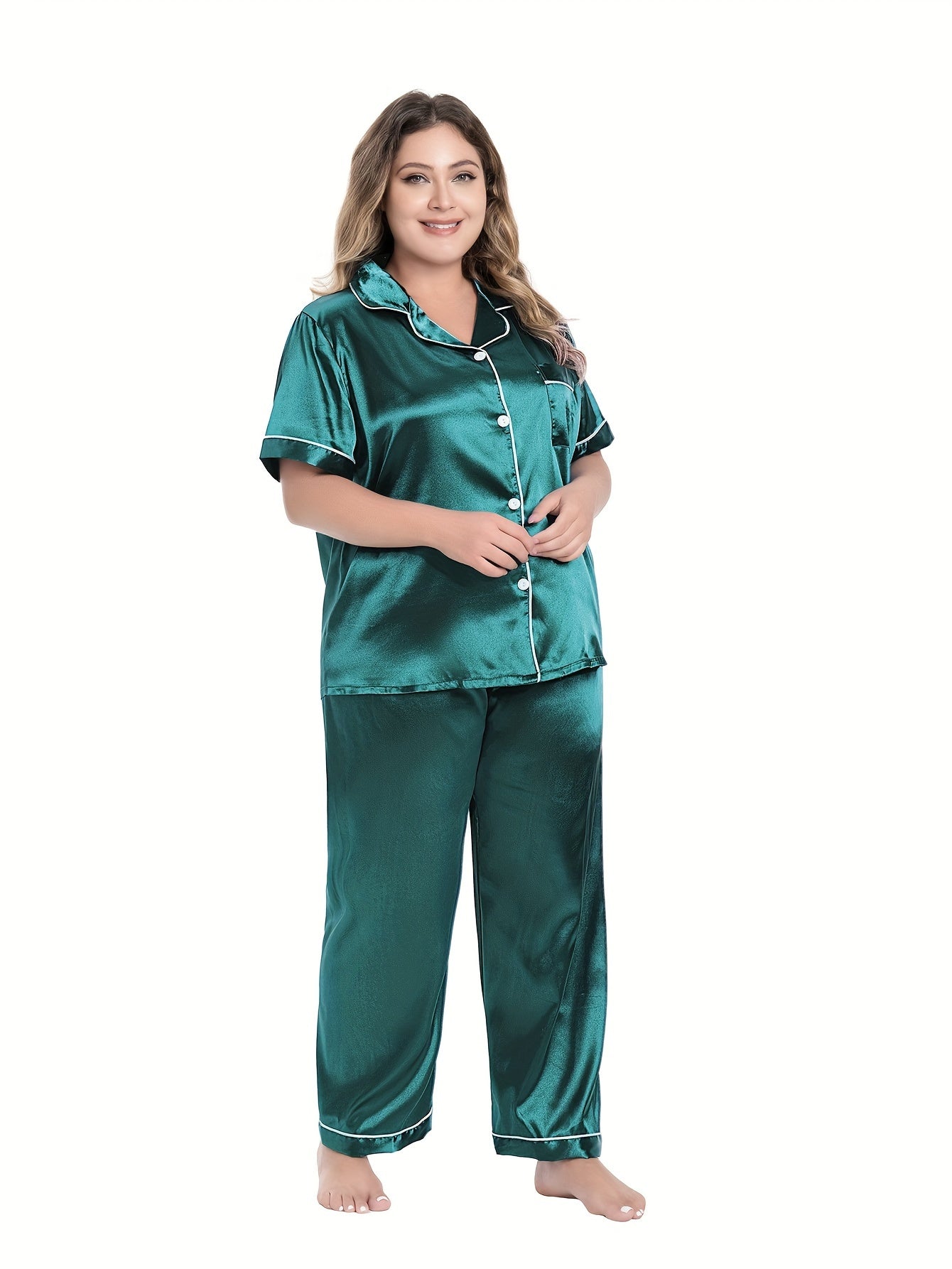 Satin Pajama Set Short Sleeve Button Up Shirt & Pants 2 Piece