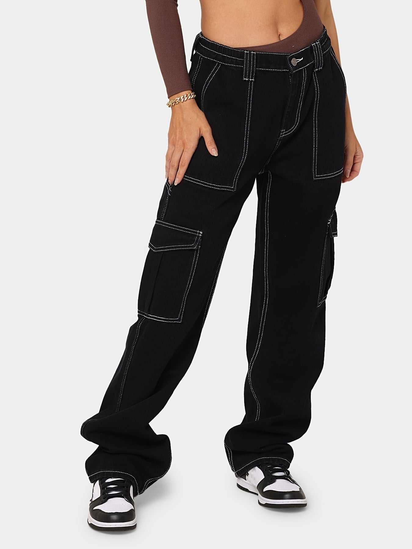 High Waist Flap Pockets Cargo Jeans Casual Loose Wide Legs Denim Pants