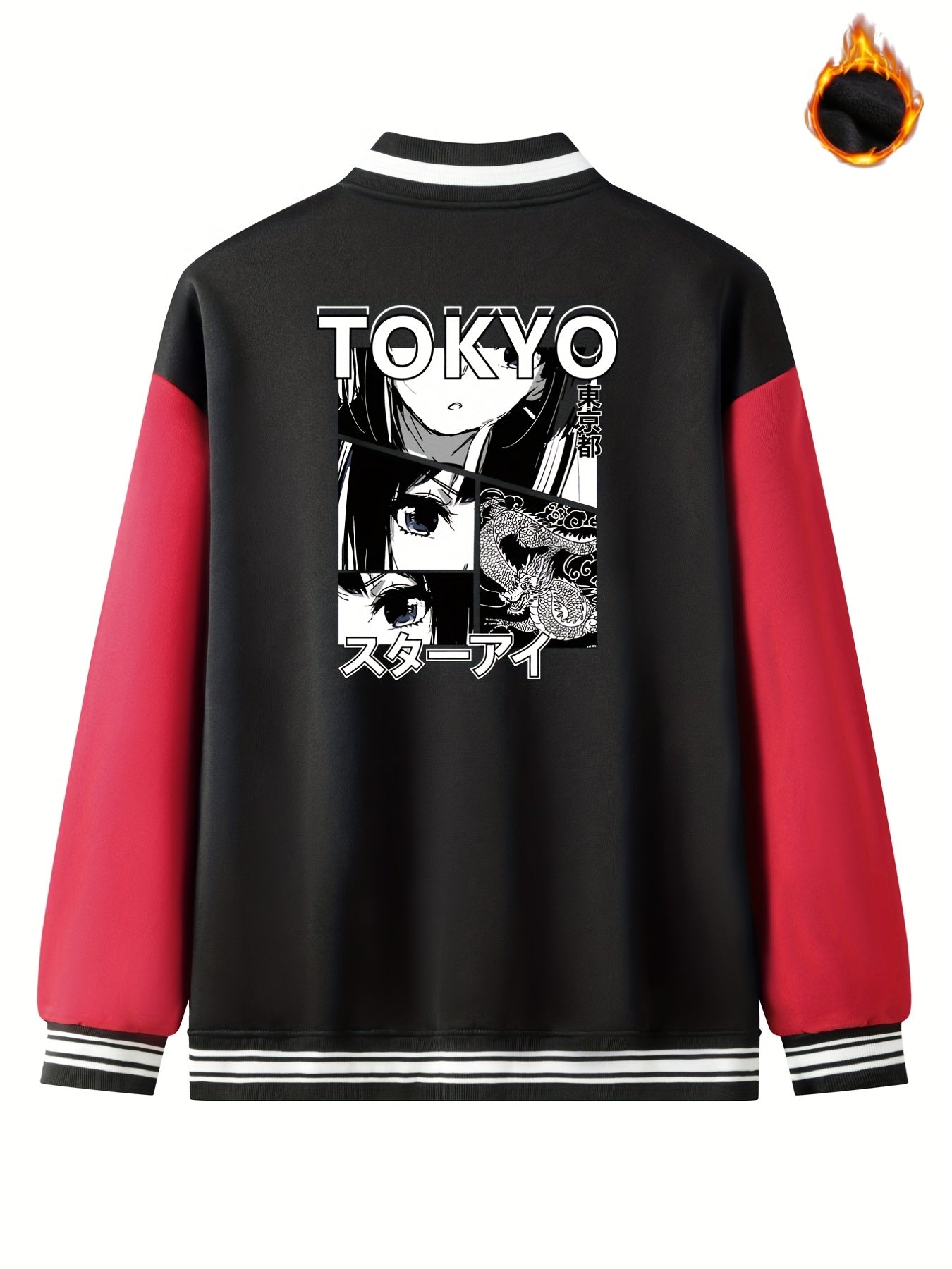 Anime Portrait Embroidery Varsity Jacket Men's Casual Block Button Up